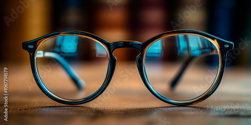 Stylish round bifocal glasses positioned on a wooden desk, emphasizing modern visual aids. Perfect for themes of vision care, style, and technology