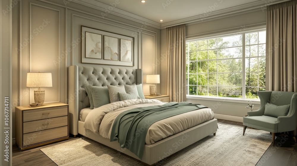 A Luxurious Bedroom with a Large Window and a Green Armchair A Luxurious Bedroom with a Large Window and a Green Armchair