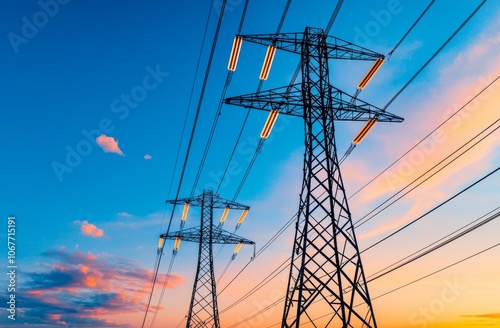 A UK standard electric pylon at sunset. photo