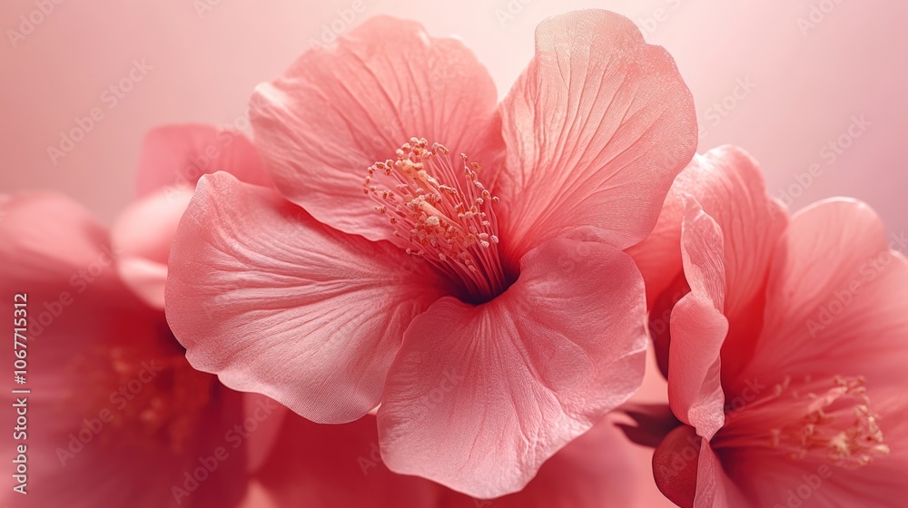 Three pink hibiscus flowers close-up with soft background.