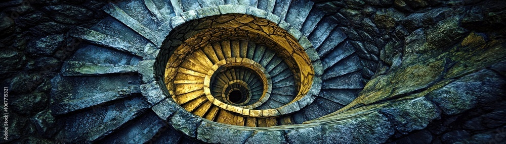 Fototapeta premium Spiraling Stone Staircase Descending into Darkness