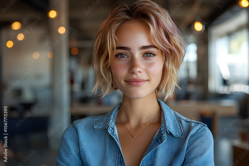 Fototapeta premium Portrait of a confident young woman with a friendly expression, wearing a denim shirt in a casual indoor setting with soft lighting, evoking a warm and welcoming mood. 