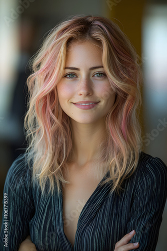 Portrait of a confident young woman with a friendly expression, wearing a denim shirt in a casual indoor setting with soft lighting, evoking a warm and welcoming mood. 