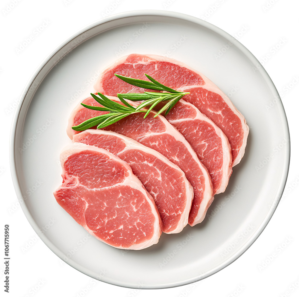 Raw pork chops arranged on a white plate with rosemary sprigs. Raw pork chops arranged on a white plate with rosemary sprigs.