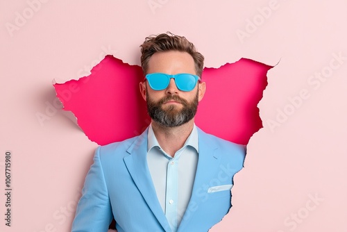 Symbol S. Superpower. A bearded man looks at a paper. Businessman in red cape with blue shirt. Superhero. Superman Cape. Hero. Hero. Business growth. photo