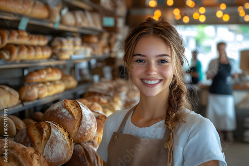 Portrait of a smiling young woman in a bakery, wearing an apron, with freshly baked artisan bread in the background, capturing a warm and welcoming atmosphere. 