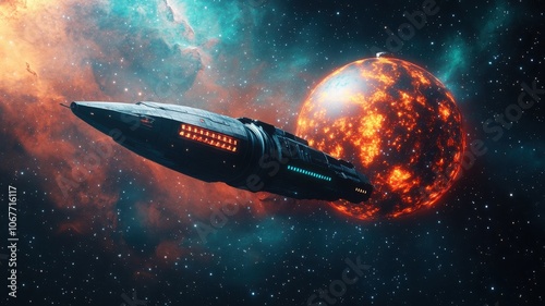 Futuristic spaceship navigating through cosmic space, with a vibrant, fiery planet in the background, showcasing stunning galactic details. photo