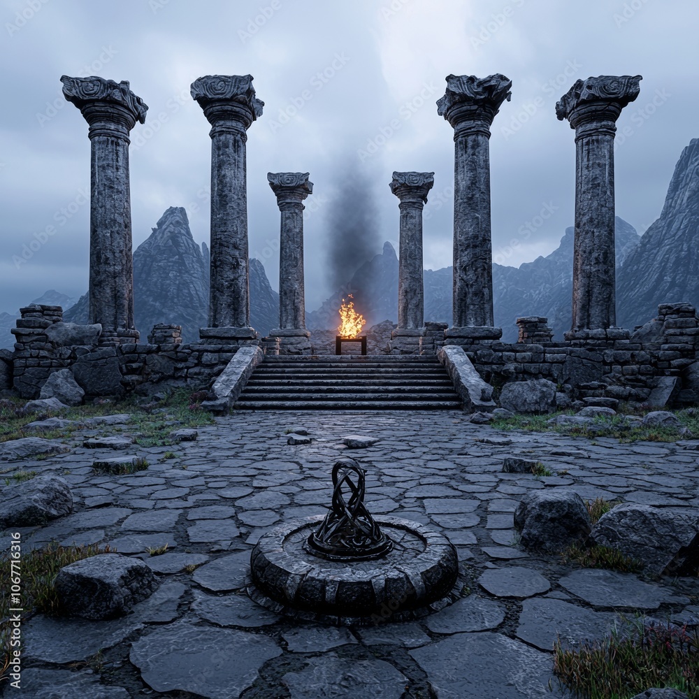 Fototapeta premium A dark, atmospheric landscape with ancient columns and fire fonts, a fantasy backdrop