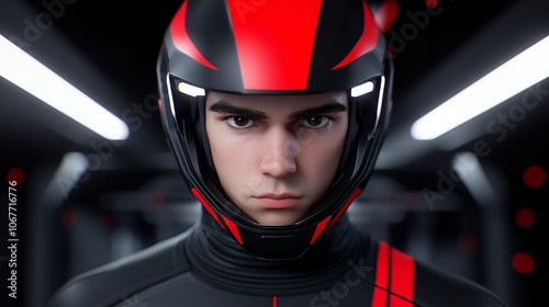 A young man wearing a futuristic helmet and suit stares intensely at the camera.