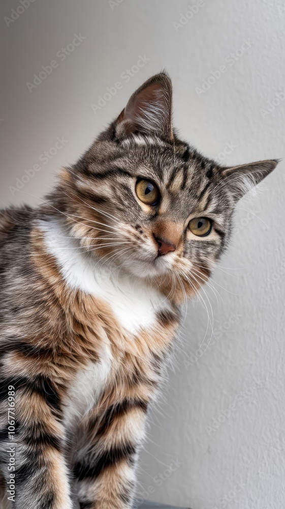 Obraz premium Alert Tabby Cat with Brown and White Fur Looking Left Indoors