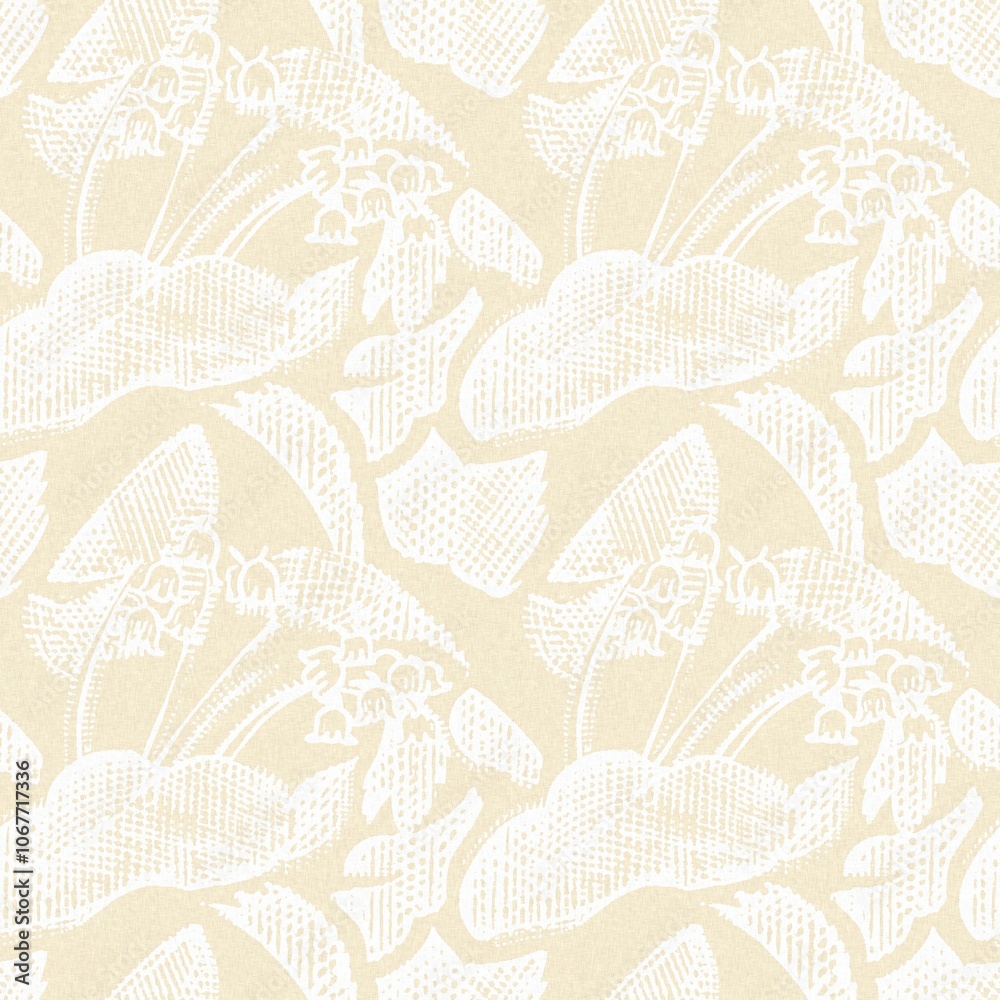 Obraz premium Modern white on cream lace effect wedding background texture. Soft tonal linen openwork block print with subtle hand drawn lattice damask printed fabric backdrop. 