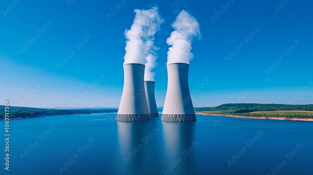 The cooling towers of nuclear power plants reflect in the water at sunset as they release steam The cooling towers of nuclear power plants reflect in the water at sunset as they release steam