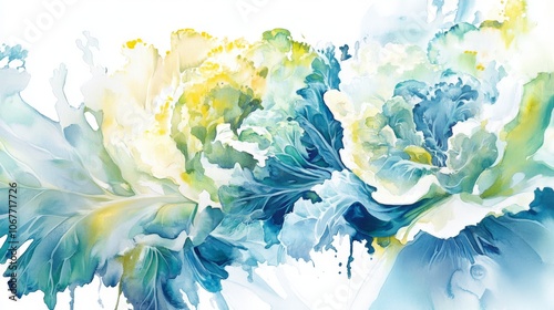 A stunning display of watercolor artistry highlights expressive flowers in varying tones of blue and yellow, blending beautifully with lush green leaves photo