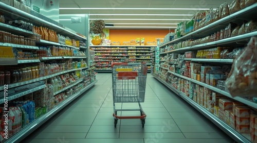 Empty Shopping Cart in Supermarket Aisle photo