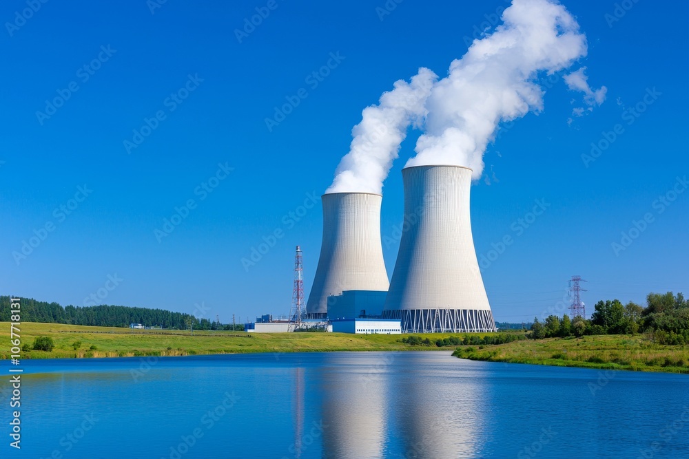 A view of the Scheldt river from Antwerpen, Flanders, Belgium - July 10, 2022: a landscape with blue skies and cooling towers blowing steam by evening. A view of the Scheldt river from Antwerpen, Flanders, Belgium - July 10, 2022: a landscape with blue skies and cooling towers blowing steam by evening.