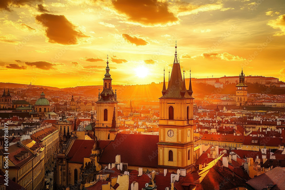 Obraz premium Golden Sunset Illuminating Historic European Cityscape