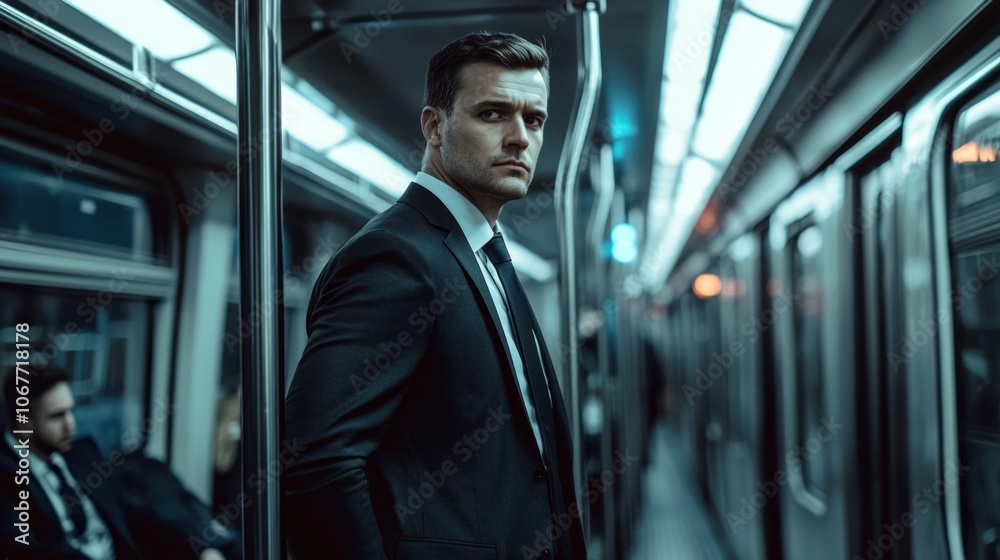 businessman dressed smart suit stands confidently subway train his morning commute surrounded fellow passengers. atmosphere reflects hustle city life. businessman dressed smart suit stands confidently subway train his morning commute surrounded fellow passengers. atmosphere reflects hustle city life.