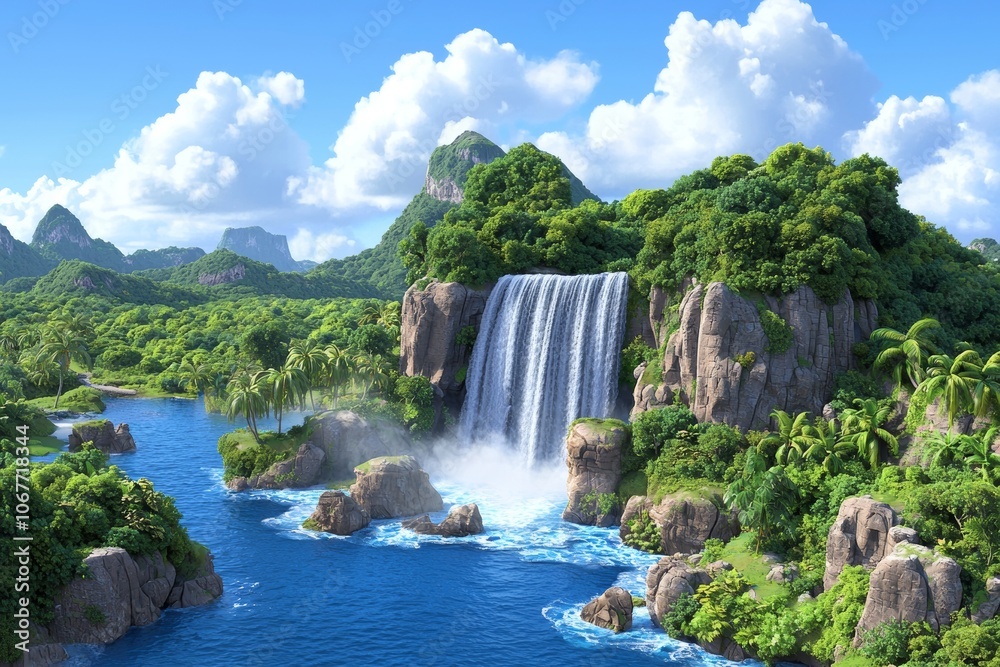 Fototapeta premium This illustration shows a beautiful fantasy river scene with waterfalls
