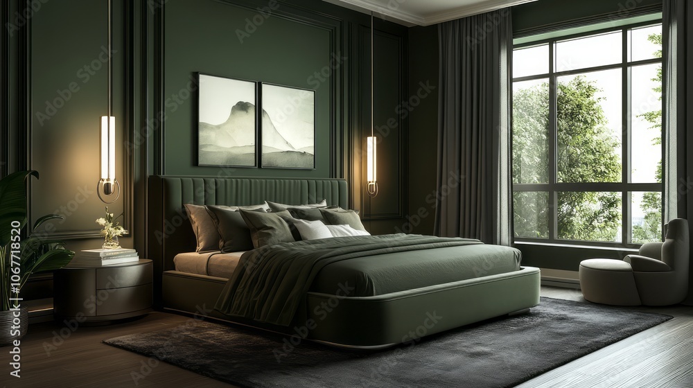 Fototapeta premium Modern Green Bedroom Interior Design with Large Window