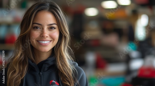 Hispanic female sports consultant assisting customers in a retail store setting