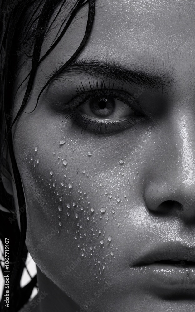 Grit and Determination: A close-up portrait of a woman's face, showcasing the intensity and resilience of her gaze. Water droplets cling to her skin.