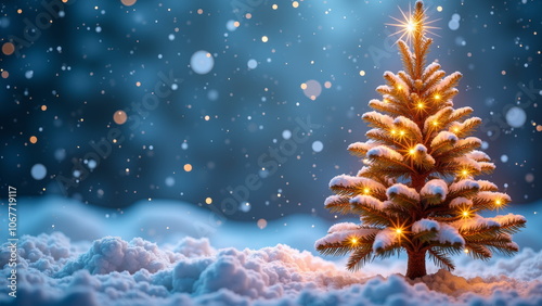 Magical illuminated Christmas tree in snowy night - perfect for holiday cards, winter blogs, festive websites, seasonal social media posts, and yuletide event promotions