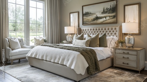Luxurious Master Bedroom with Upholstered Bed and Nightstand