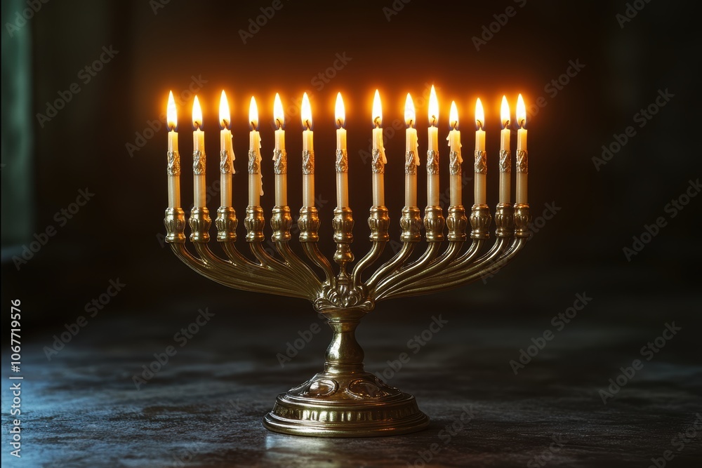 Illuminated hanukkah menorah with all candles lit for a festive celebration Illuminated hanukkah menorah with all candles lit for a festive celebration
