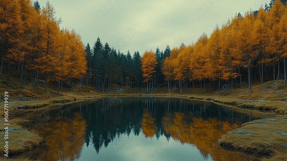 A tranquil, still lake surrounded by an autumnal forest. A tranquil, still lake surrounded by an autumnal forest.