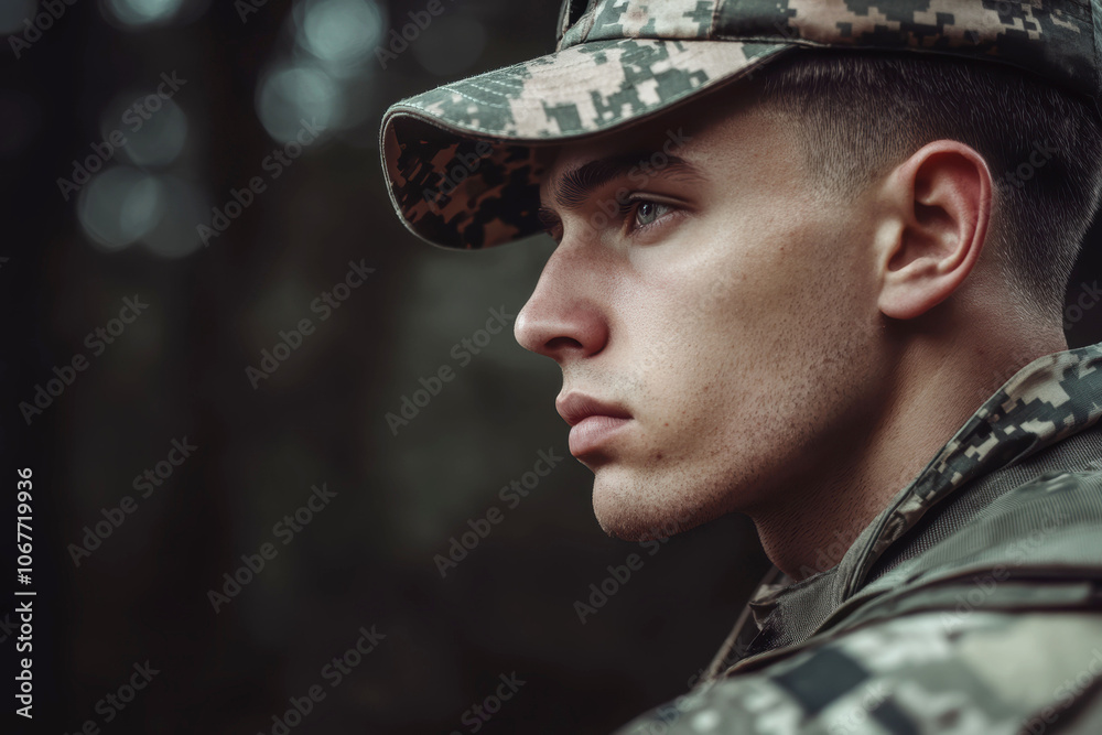 Camouflage soldier gazing into distance for contemplation and strategy in nature Camouflage soldier gazing into distance for contemplation and strategy in nature