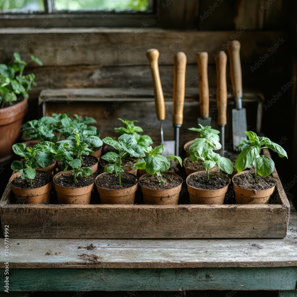 A wooden tray with small terracotta pots filled with green seedlings and tools, sitting on a rustic workbench. A wooden tray with small terracotta pots filled with green seedlings and tools, sitting on a rustic workbench.