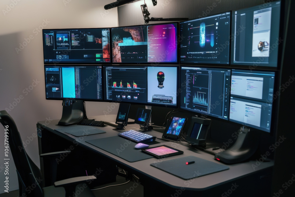 High-tech surveillance and monitoring workstation with multiple screens for security and data analysis High-tech surveillance and monitoring workstation with multiple screens for security and data analysis