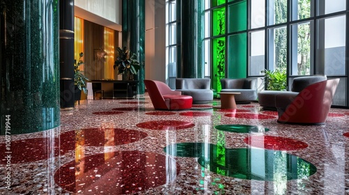 Modern terrazzo flooring with rich red, indigo, and emerald green glass pieces, bringing an eco-conscious touch to a lobby.