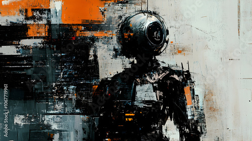 Collage of a futuristic humanoid robot in a dark, high-contrast background    