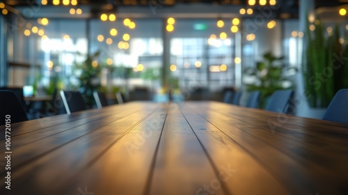 Blurred background of a conference room with a long wooden table for a business meeting or work office