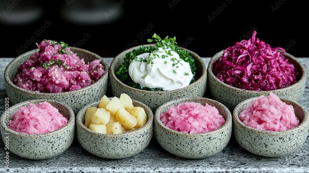 A variety of colorful side dishes in small bowls. A variety of colorful side dishes in small bowls.