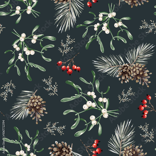 Christmas seamless pattern, mistletoe, pine twigs, cones, red berries, black night background. Vector illustration. Forest nature design. Season greeting. Winter holidays