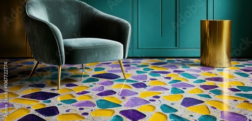 Terrazzo flooring with vibrant yellow, purple, and teal glass chips, complemented by a velvet armchair and sleek brass side table.