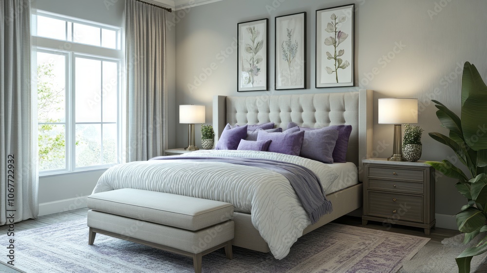 Fototapeta premium A Luxurious Bedroom with a Large Bed, Plush Pillows, and Elegant Decor