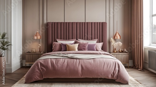 Luxurious Bedroom with Pink Bedding and Gold Accents