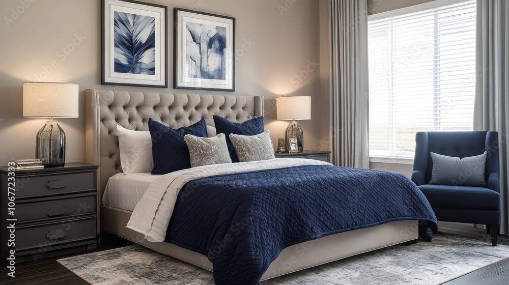 Fototapeta premium Modern Bedroom Interior with Blue and Grey Decor