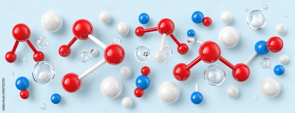 Science analysis concept, transparent atom/molecule water structure, blue background, from microscope in laboratory, chemistry, medical research and development, 3D rendering illustration, science Science analysis concept, transparent atom/molecule water structure, blue background, from microscope in laboratory, chemistry, medical research and development, 3D rendering illustration, science