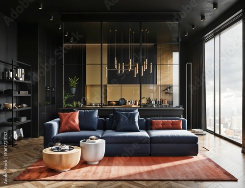 Interior of modern living room with black and yellow walls, tiled floor, comfortable blue sofa standing near the coffee table and panoramic window. 3d rendering