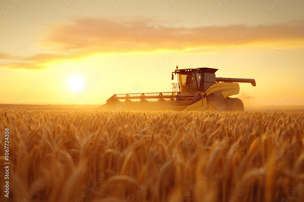 Naklejka premium A golden wheat field stretches across the foreground, with a harvesting machine working efficiently, collecting the ripe crops in a scene of agricultural abundance