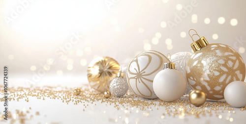3d rendering, Christmas white and gold background with Christmas balls and decoration 