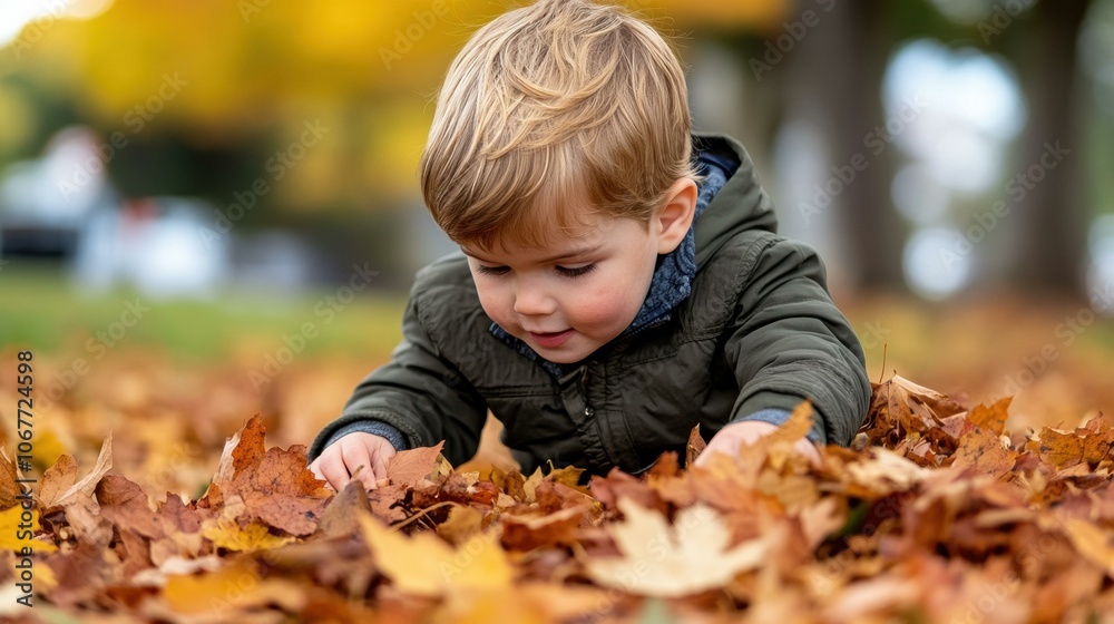 A young boy plays in a pile of autumn leaves. AI. A young boy plays in a pile of autumn leaves. AI.