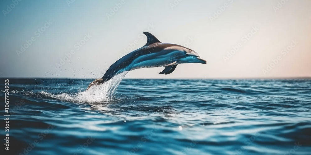 Obraz premium A dolphin leaps out of the water. AI.