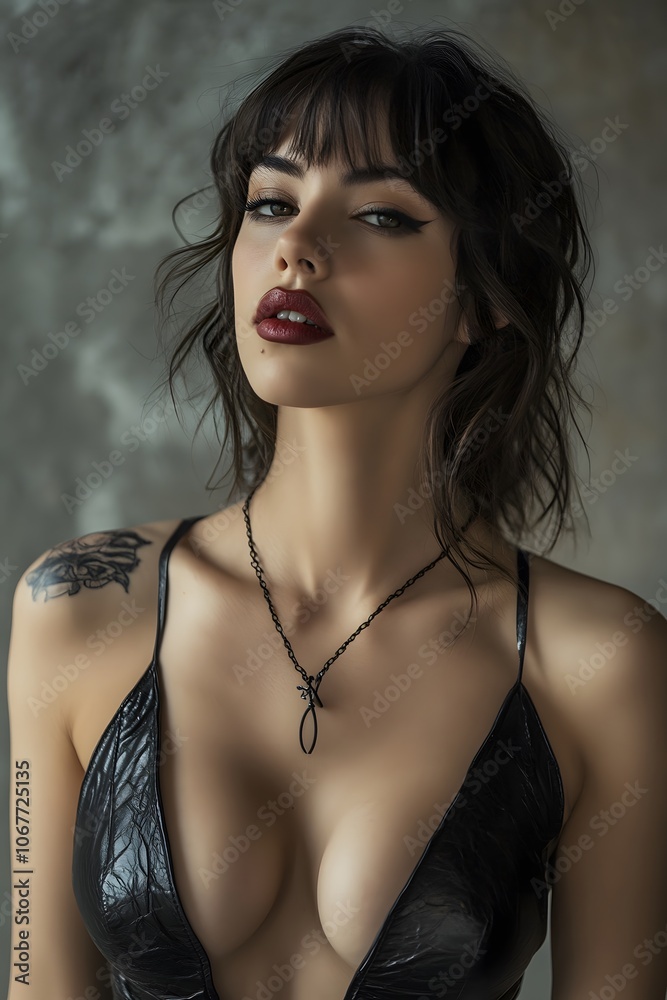 Young woman with an edgy style wearing a leather dress with a deep neckline Young woman with an edgy style wearing a leather dress with a deep neckline