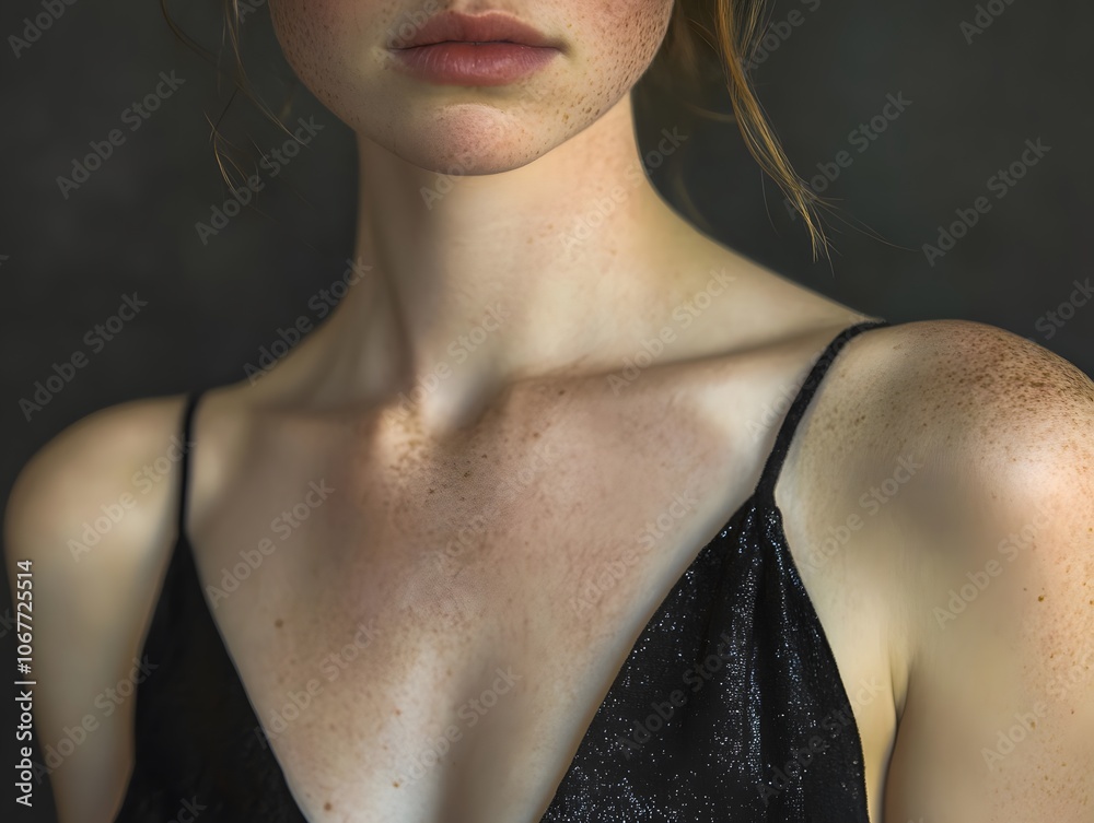 Young woman with freckles wearing a dress with a deep neckline Young woman with freckles wearing a dress with a deep neckline