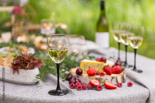 White wine glass at organic wine and cheese tasting outdoors. Shallow depth of field, bokeh